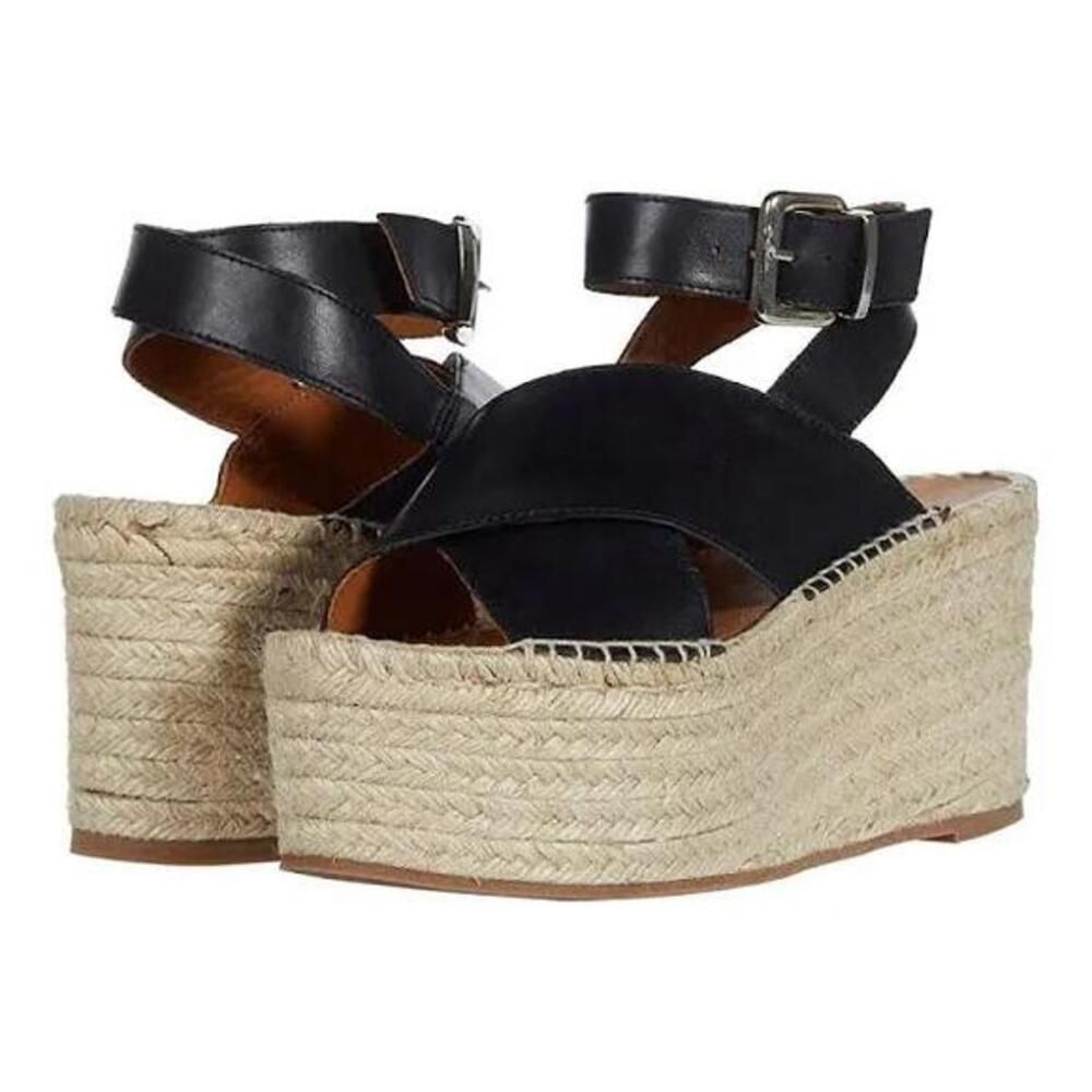 Alohas Sandals Vegas Platform Espadrilles Sandal Black Wedge Leather Jute Strap
